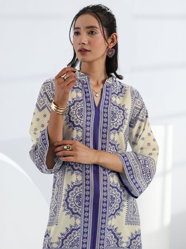 Off White Ethnic Printed Cotton Blend Straight Short Kurti