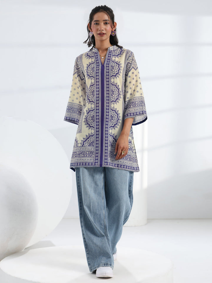 Off White Ethnic Printed Cotton Blend Straight Short Kurti