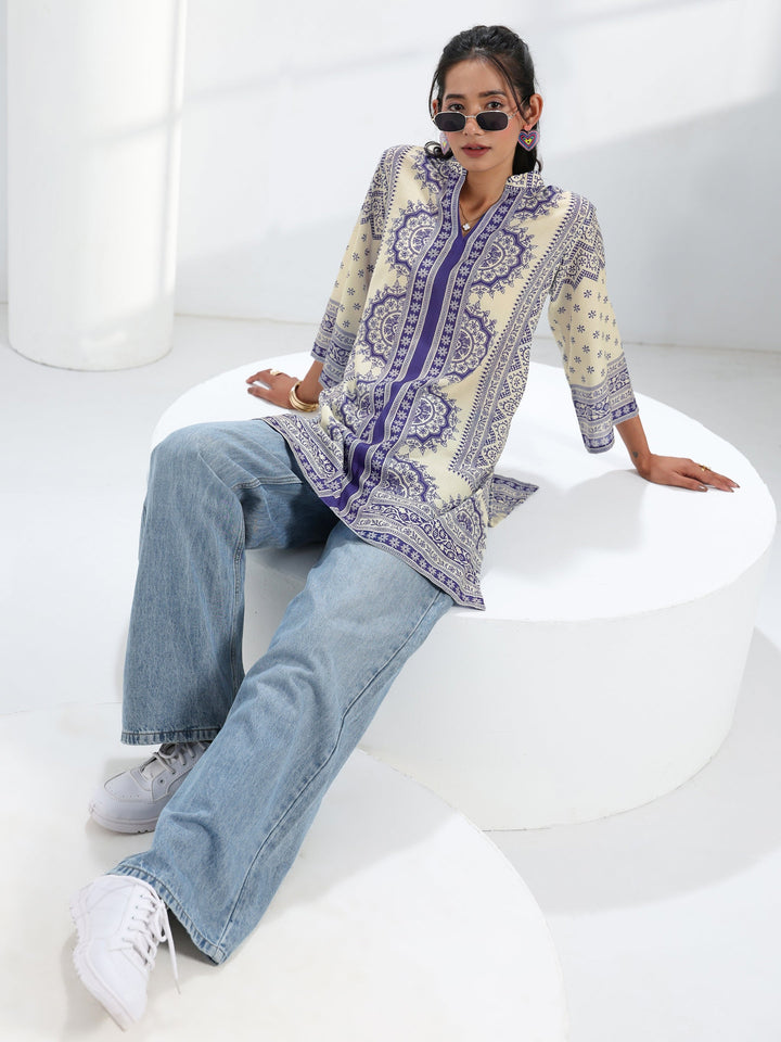 Off White Ethnic Printed Cotton Blend Straight Short Kurti