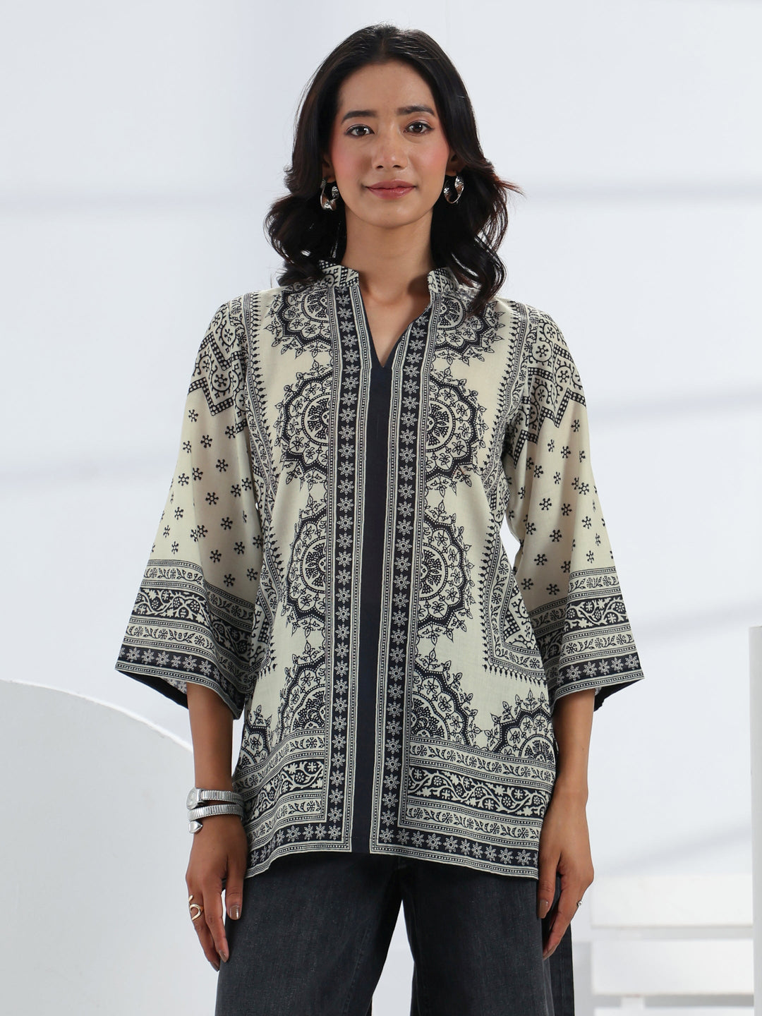 Off White Ethnic Printed Cotton Blend Straight Short Kurti