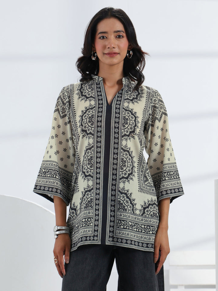 Off White Ethnic Printed Cotton Blend Straight Short Kurti