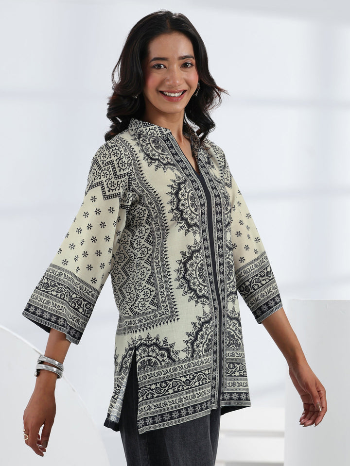 Off White Ethnic Printed Cotton Blend Straight Short Kurti