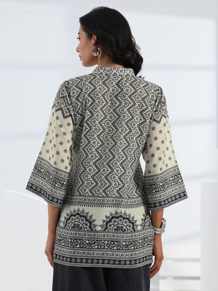 Off White Ethnic Printed Cotton Blend Straight Short Kurti
