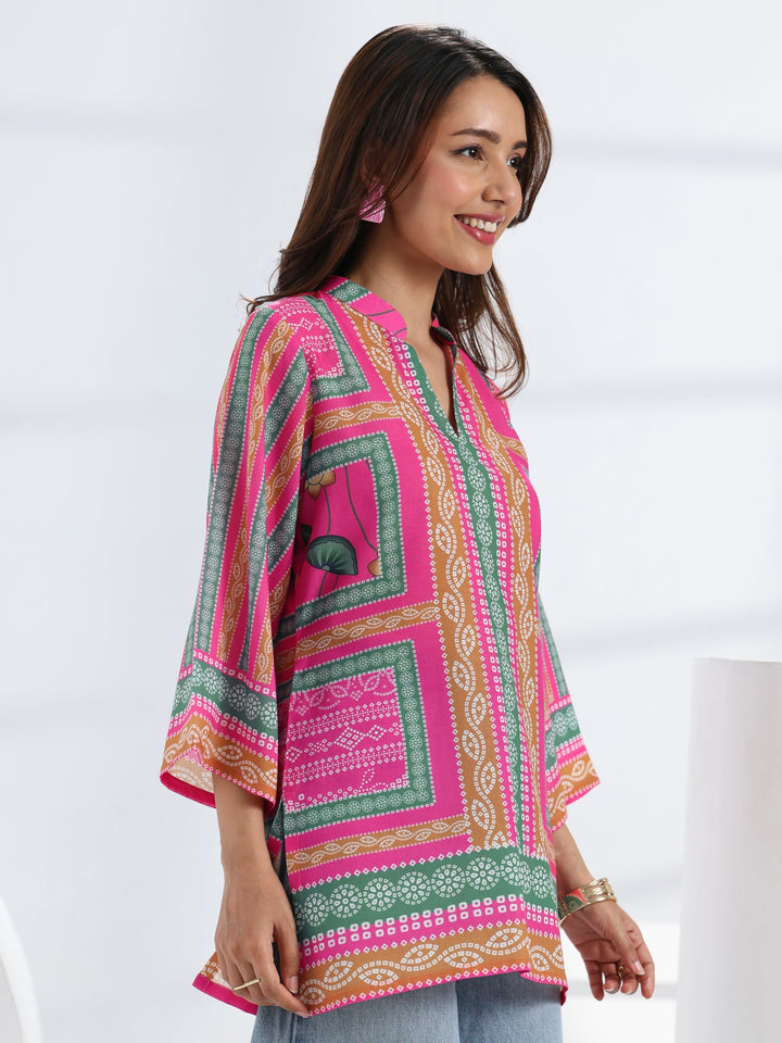 Multi- Coloured Bandhani Printed Cotton Blend Straight Short Kurti