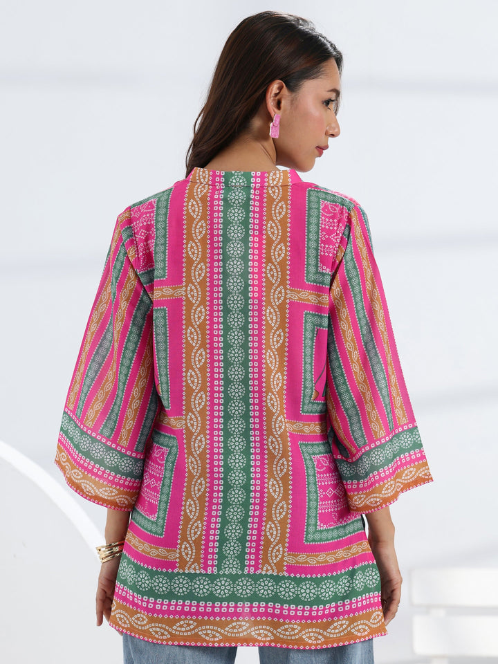 Multi- Coloured Bandhani Printed Cotton Blend Straight Short Kurti