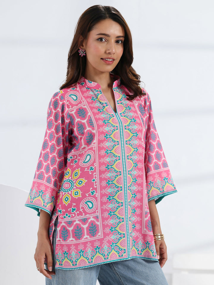 Pink Ethnic Motif Printed Cotton Blend Straight Short Kurti