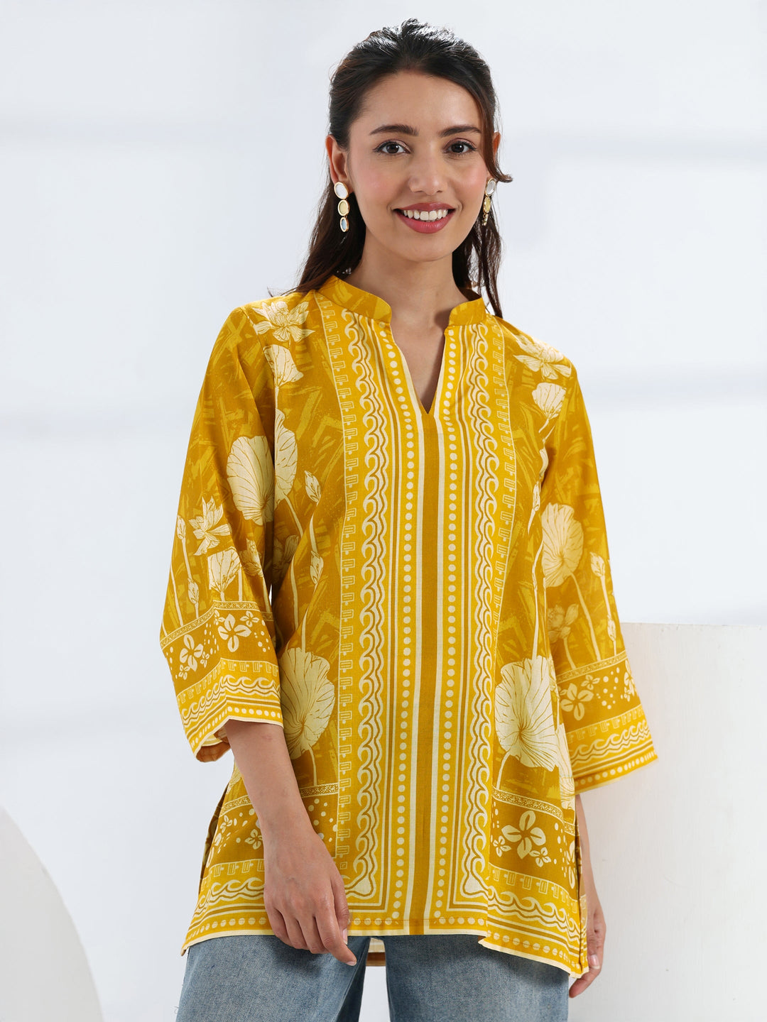 Mustard Floral Printed Cotton Blend Straight Short Kurti