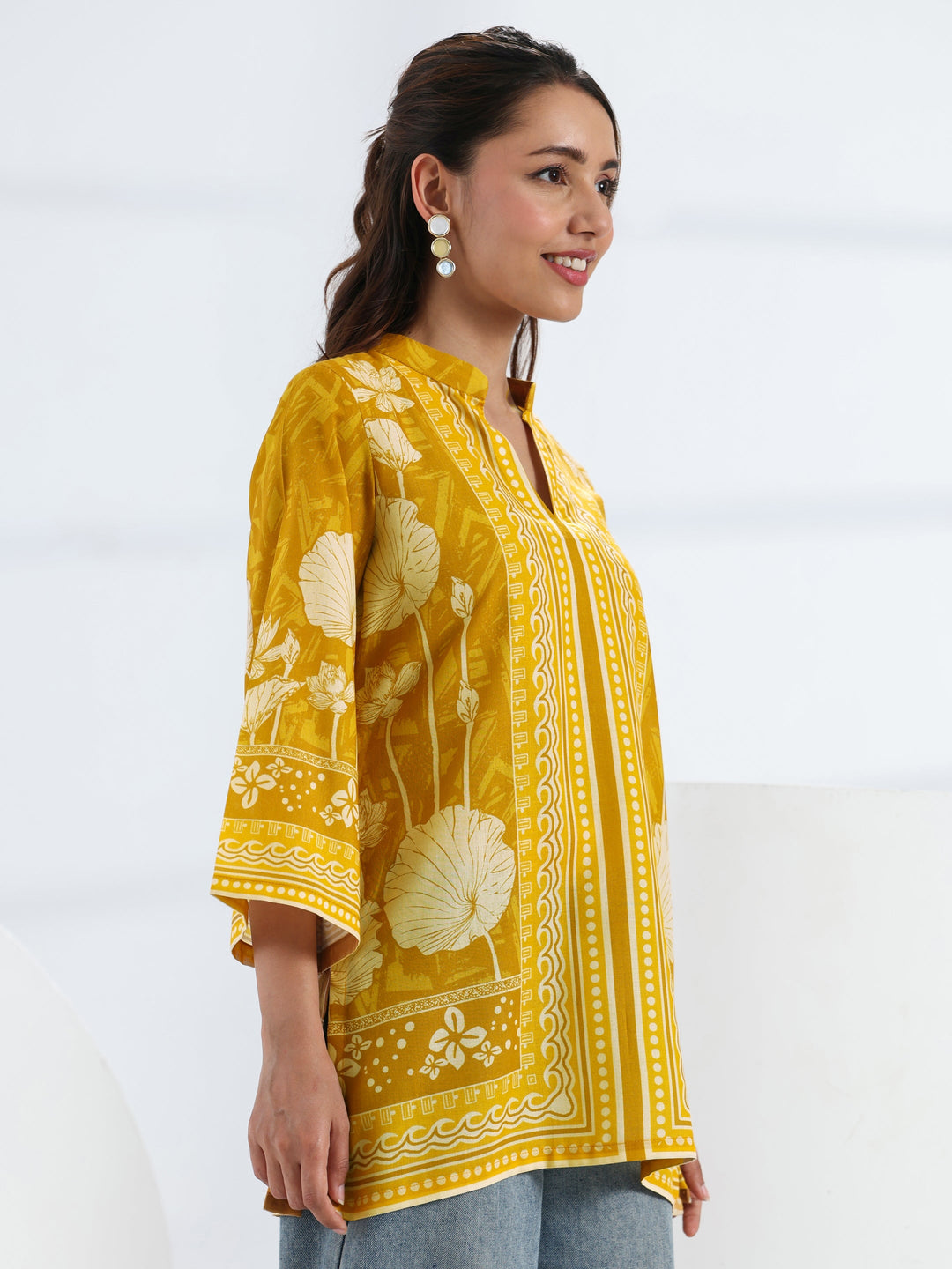 Mustard Floral Printed Cotton Blend Straight Short Kurti