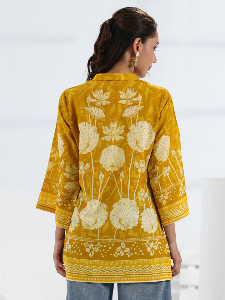 Mustard Floral Printed Cotton Blend Straight Short Kurti