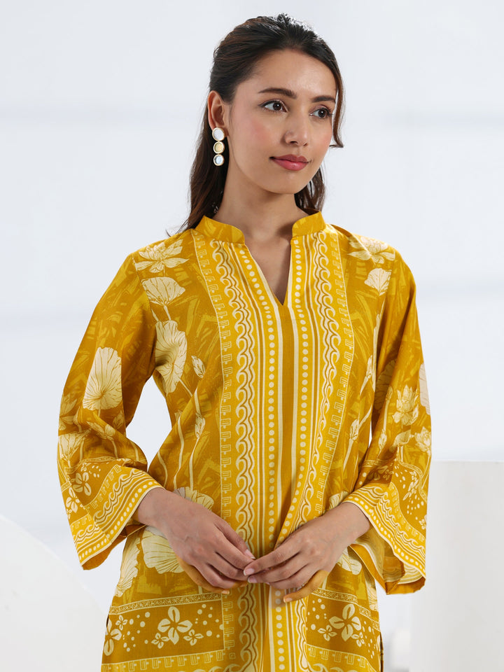 Mustard Floral Printed Cotton Blend Straight Short Kurti