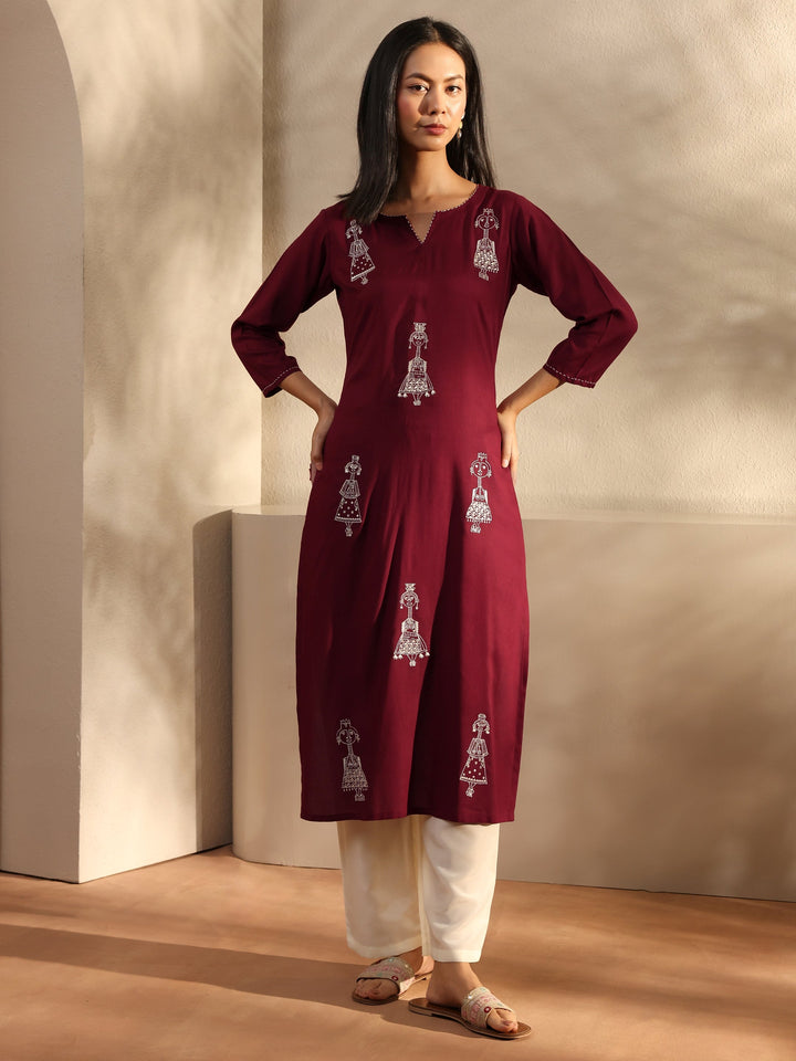 Maroon Ethnic Motif Embroidered Rayon Straight Kurta