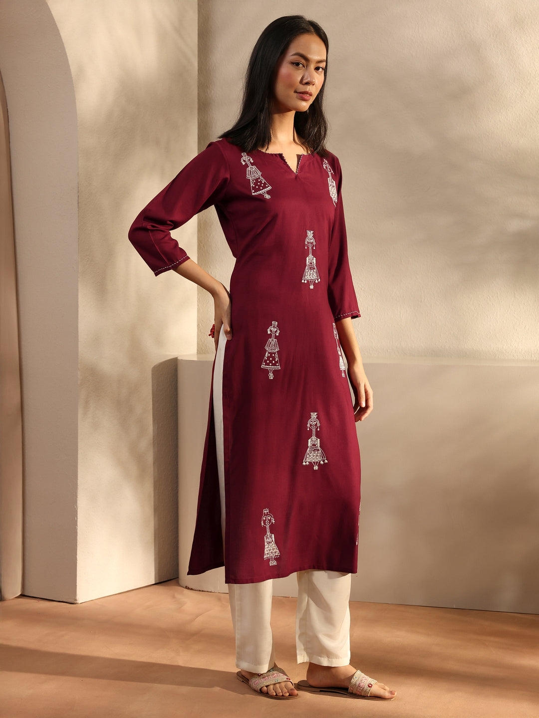 Maroon Ethnic Motif Embroidered Rayon Straight Kurta