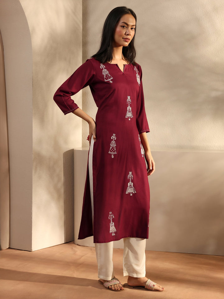 Maroon Ethnic Motif Embroidered Rayon Straight Kurta