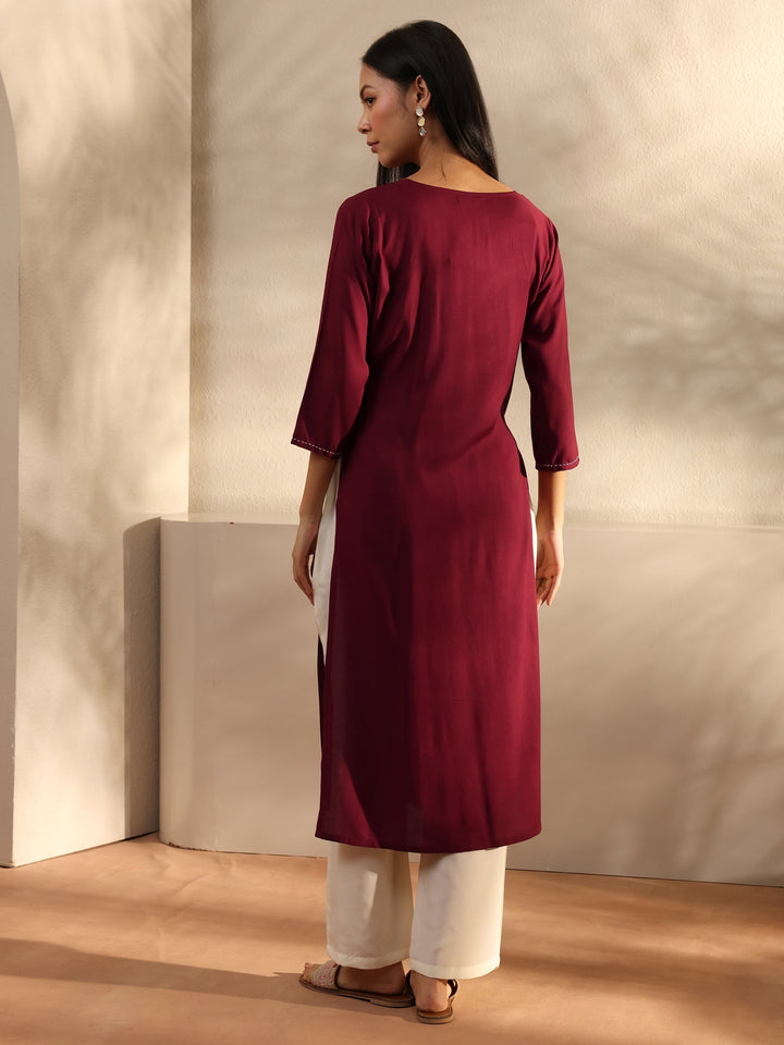 Maroon Ethnic Motif Embroidered Rayon Straight Kurta