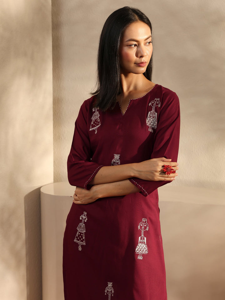 Maroon Ethnic Motif Embroidered Rayon Straight Kurta