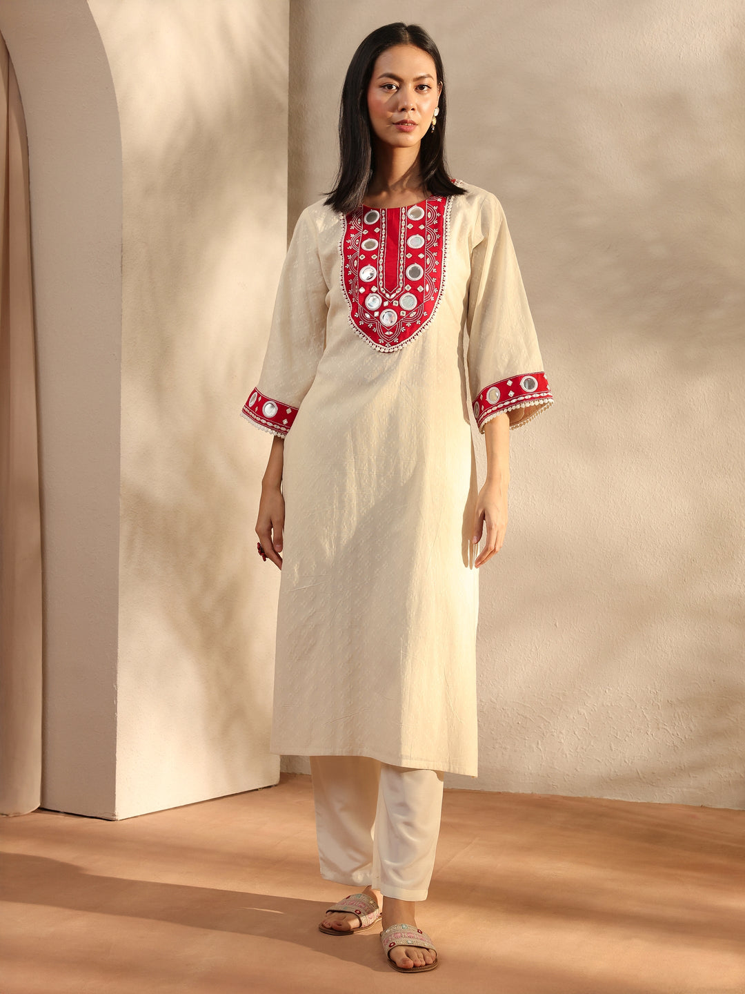 Off White Embroidered Cotton Straight Kurta