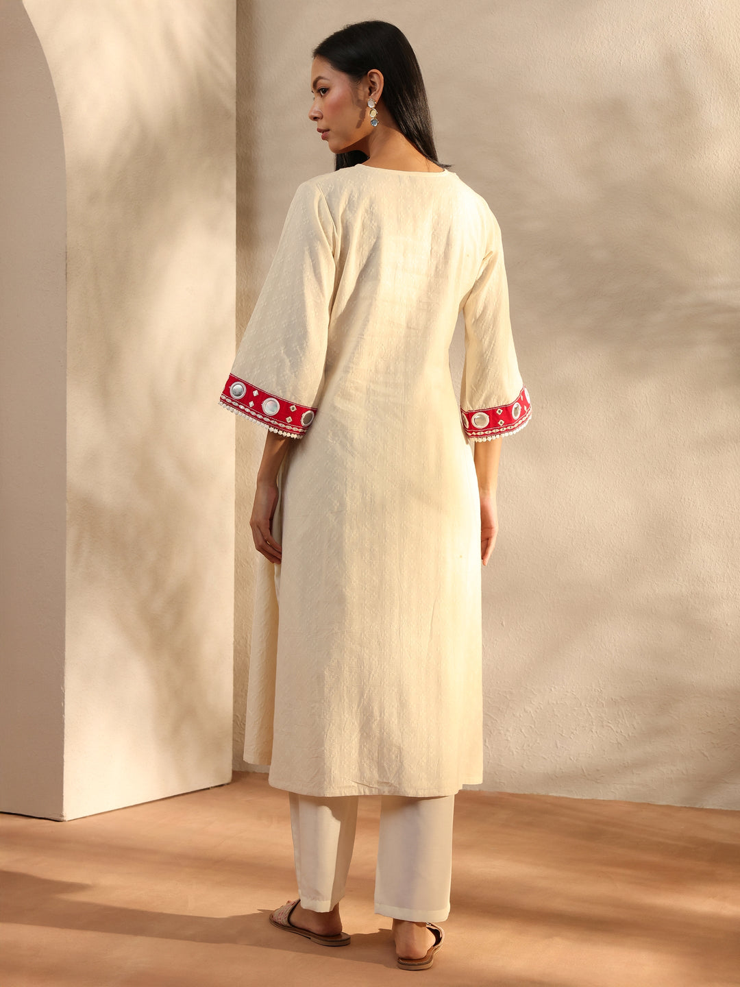 Off White Embroidered Cotton Straight Kurta
