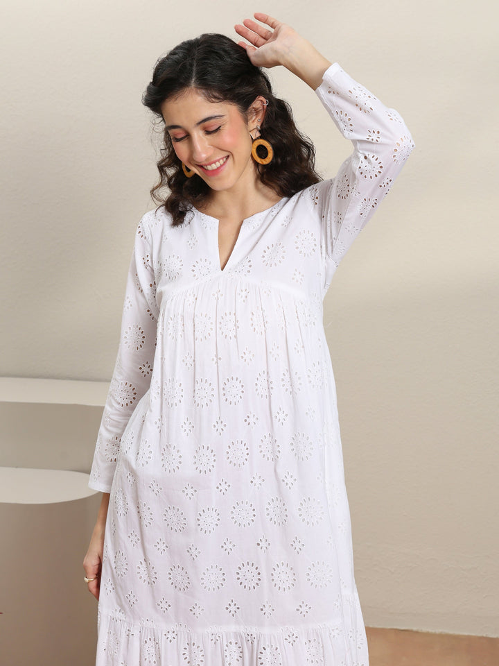 White Schiffli Embroidered Cotton A-Line One-Piece Dress
