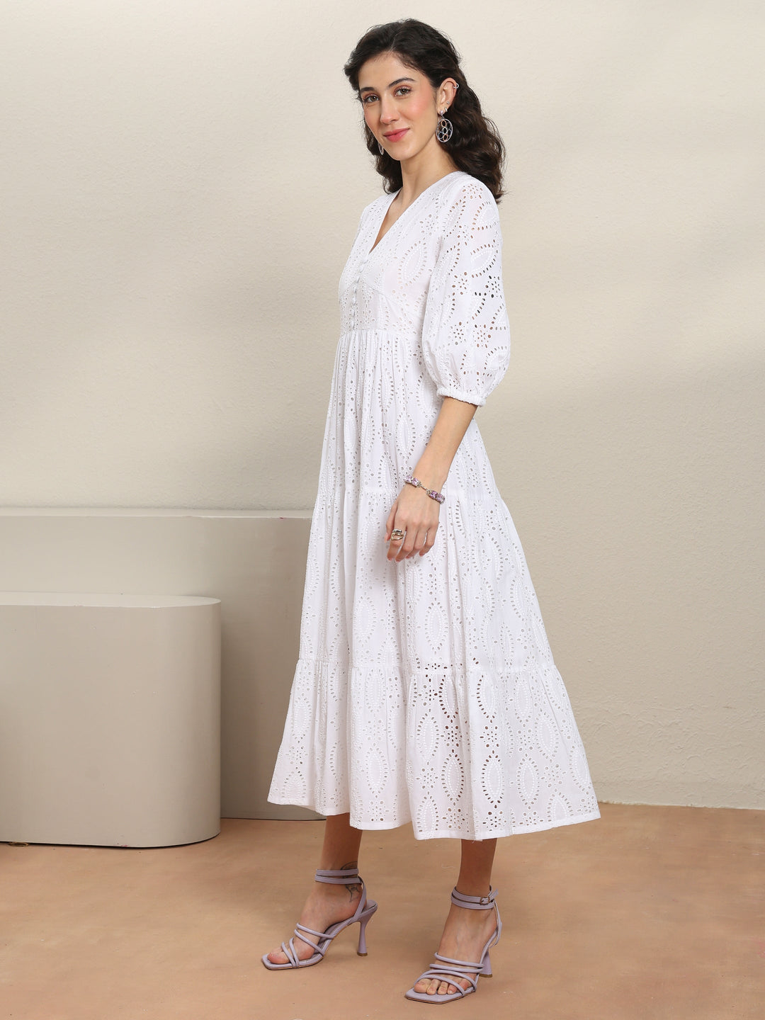 White Schiffli Embroidered Cotton Fit-And-Flare One-Piece Dress