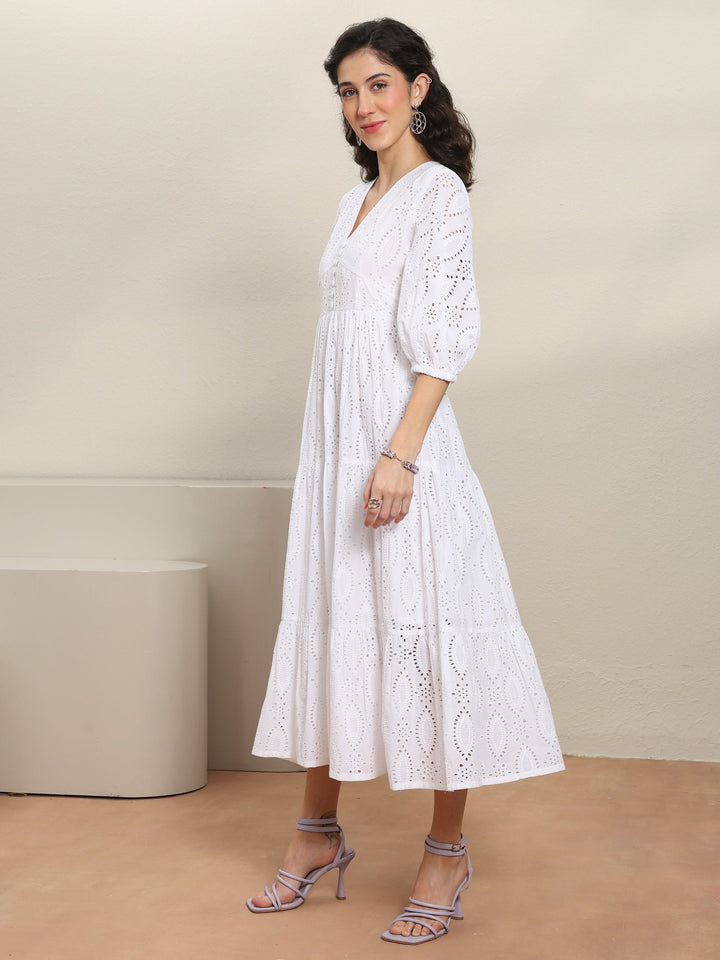 White Schiffli Embroidered Cotton Fit-And-Flare One-Piece Dress
