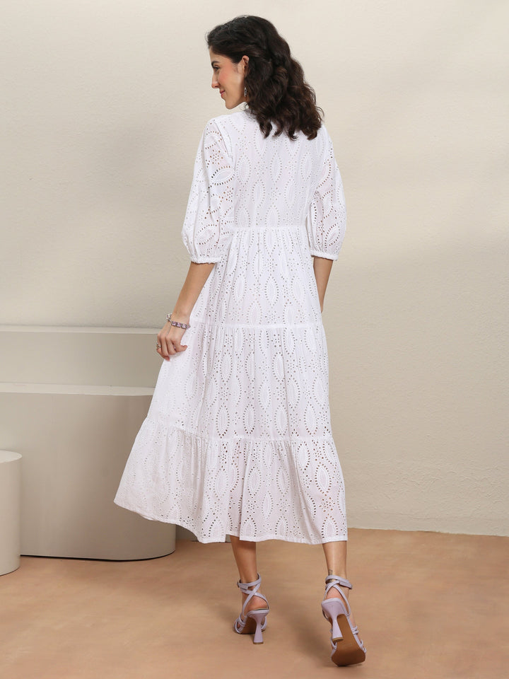 White Schiffli Embroidered Cotton Fit-And-Flare One-Piece Dress