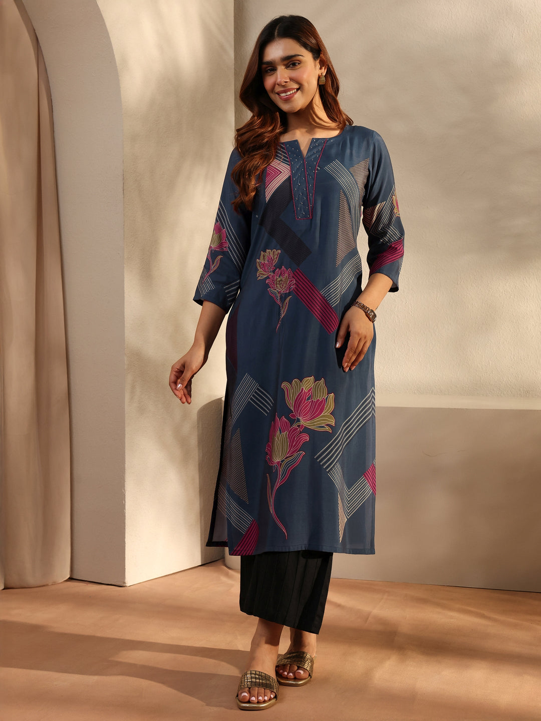 Blue Floral Printed Silk Blend Straight Kurta