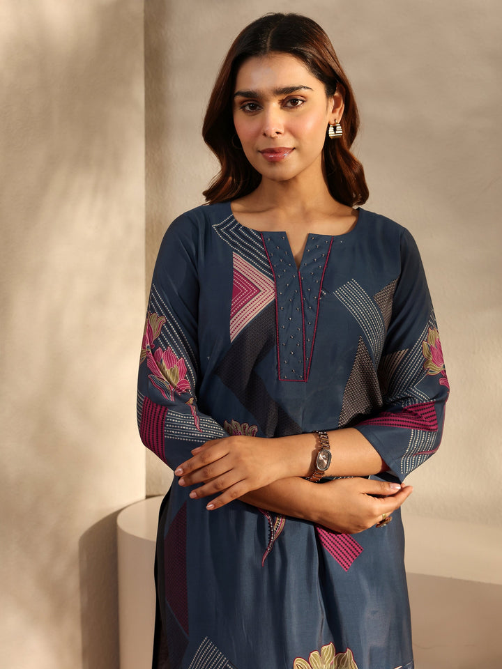Blue Floral Printed Silk Blend Straight Kurta
