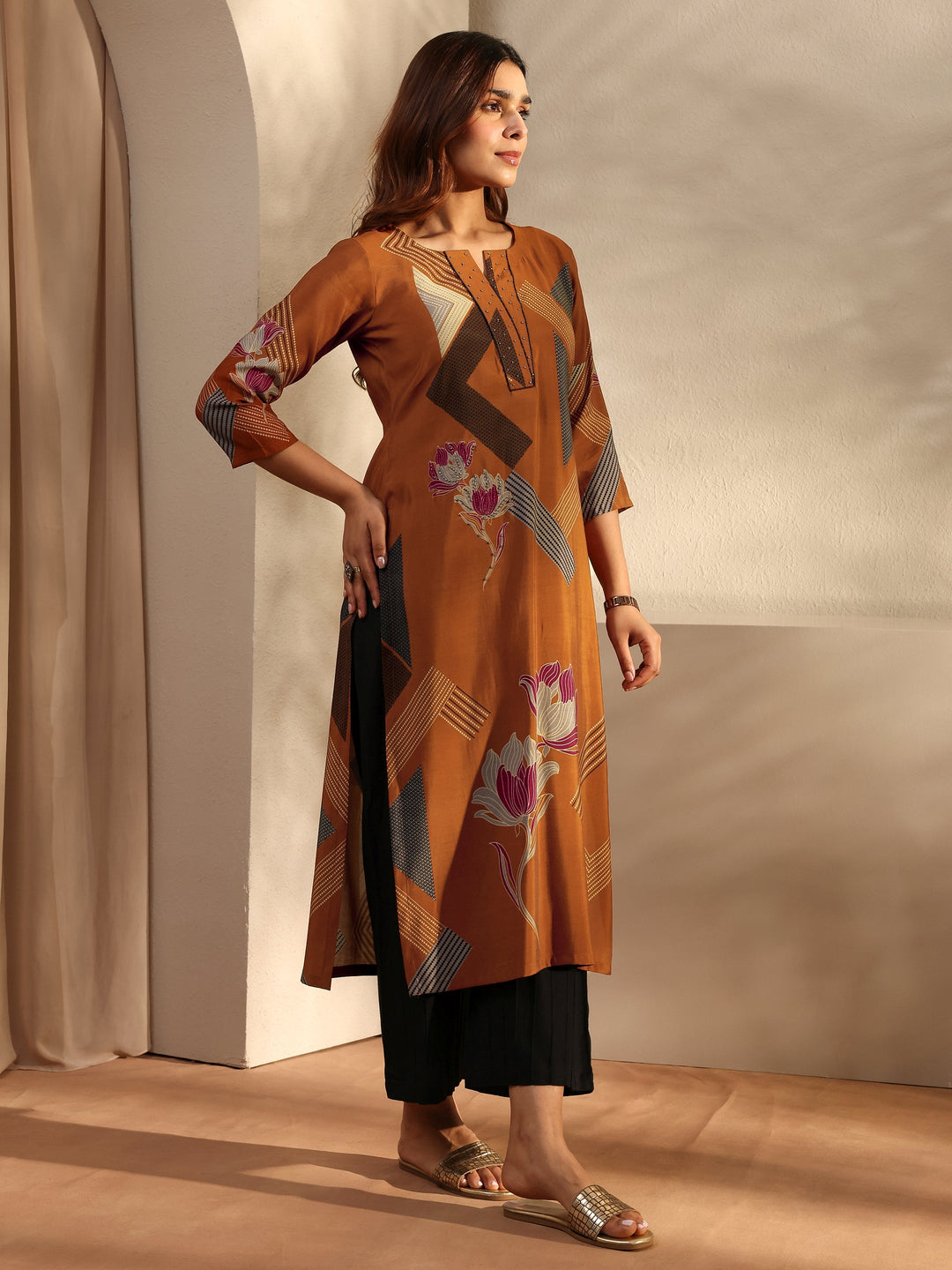 Rust Printed Silk Blend Straight Kurta