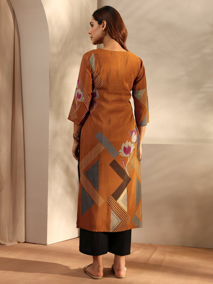 Rust Printed Silk Blend Straight Kurta
