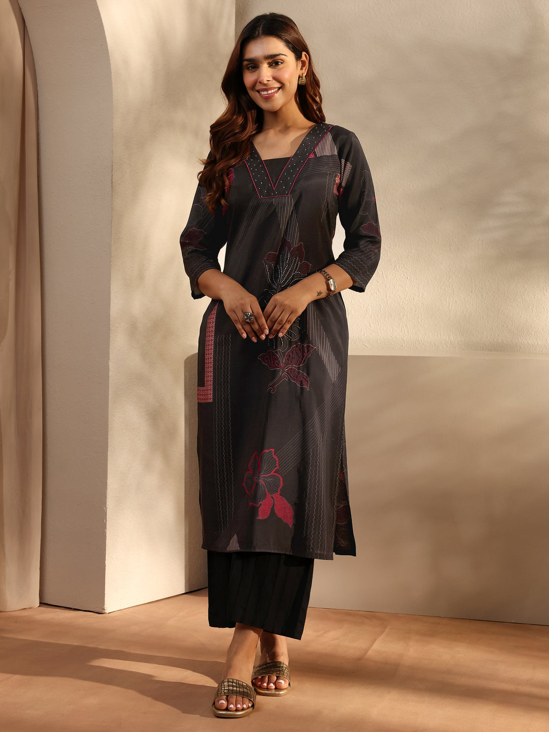 Black Printed Silk Blend Straight Kurta