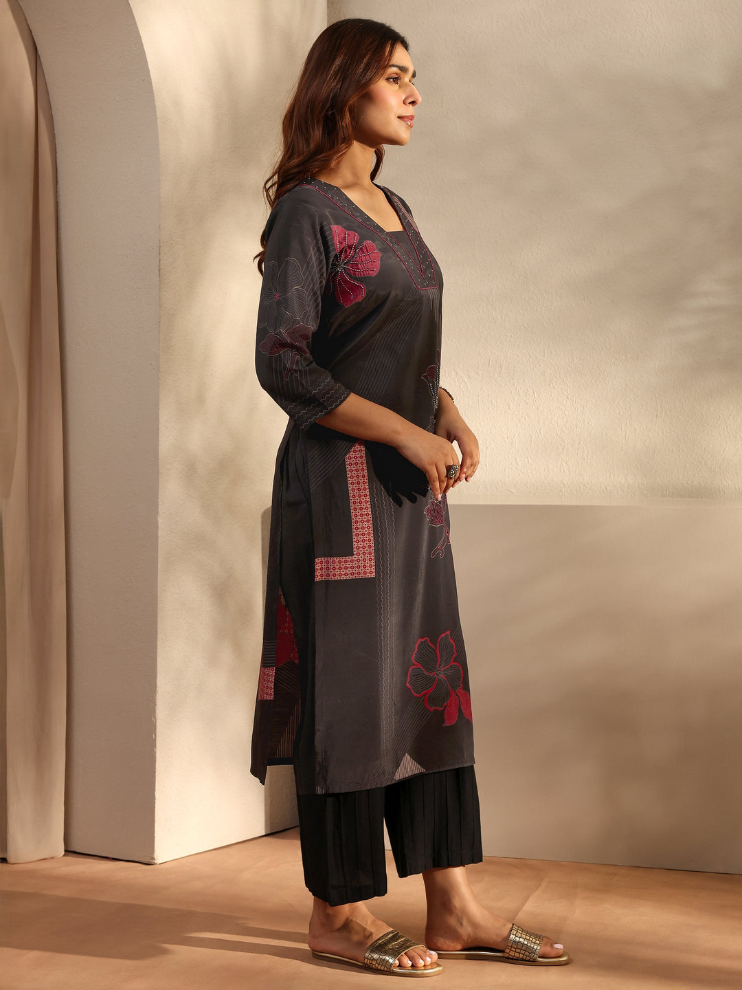 Black Printed Silk Blend Straight Kurta