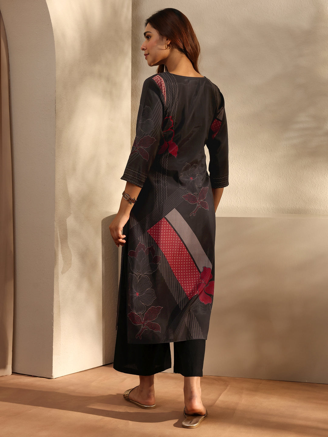 Black Printed Silk Blend Straight Kurta