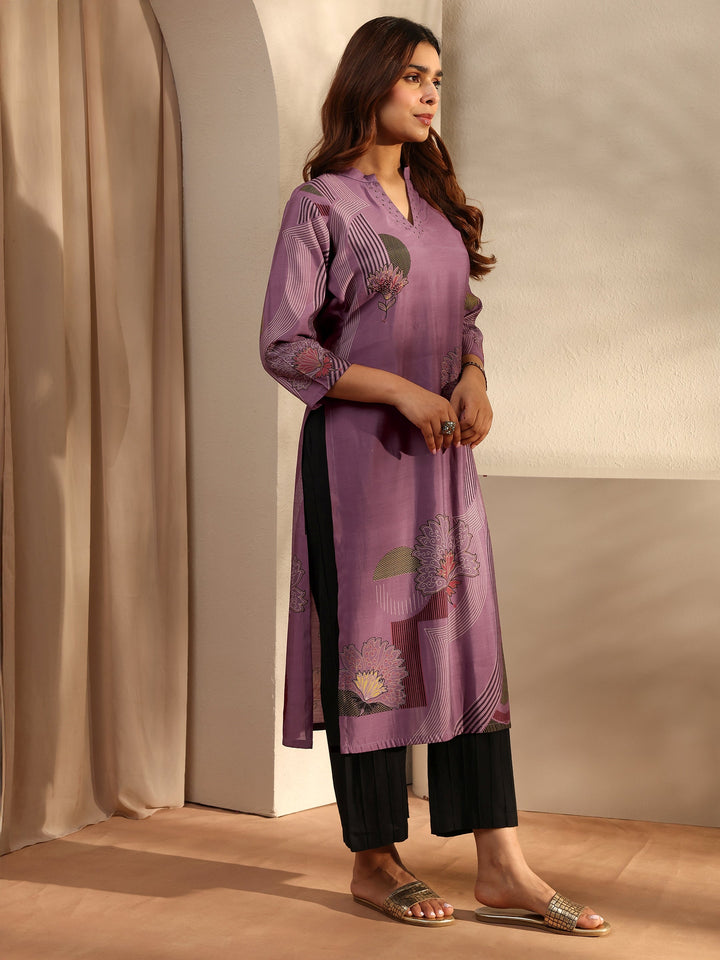 Mauve Printed Silk Blend Straight Kurta