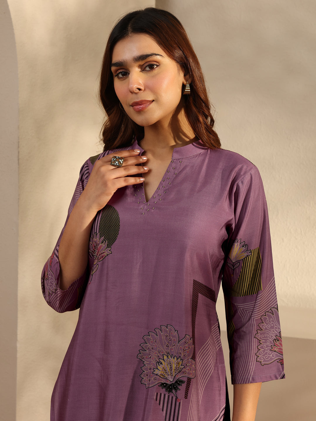 Mauve Printed Silk Blend Straight Kurta