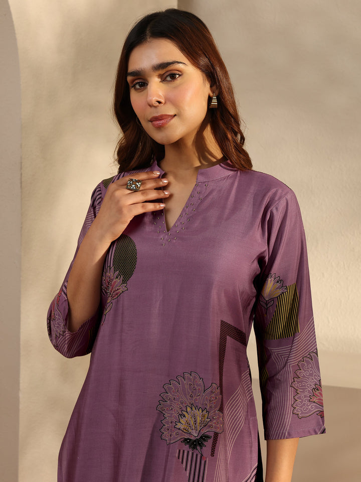 Mauve Printed Silk Blend Straight Kurta