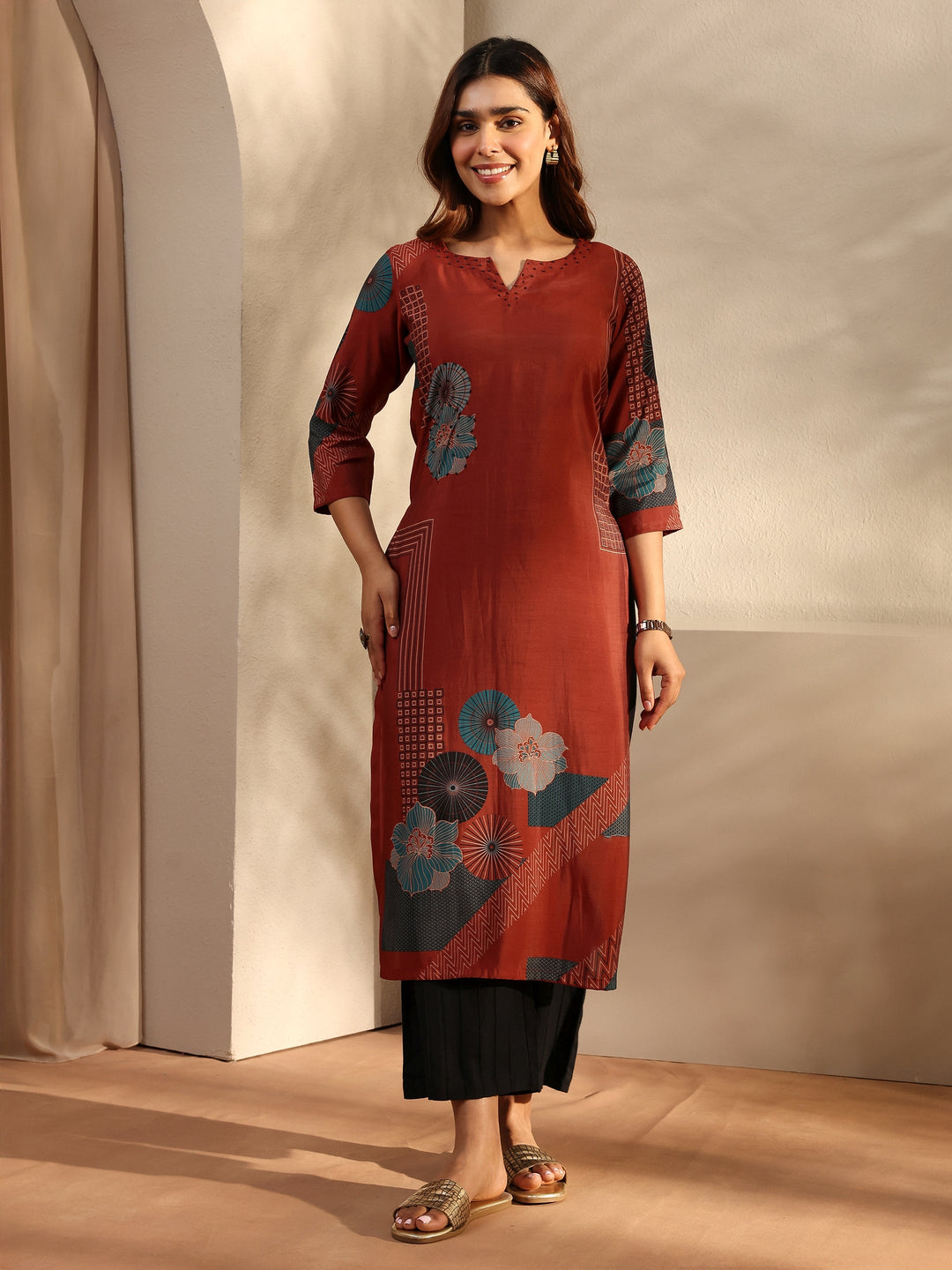 Rust Printed Silk Blend Straight Kurta