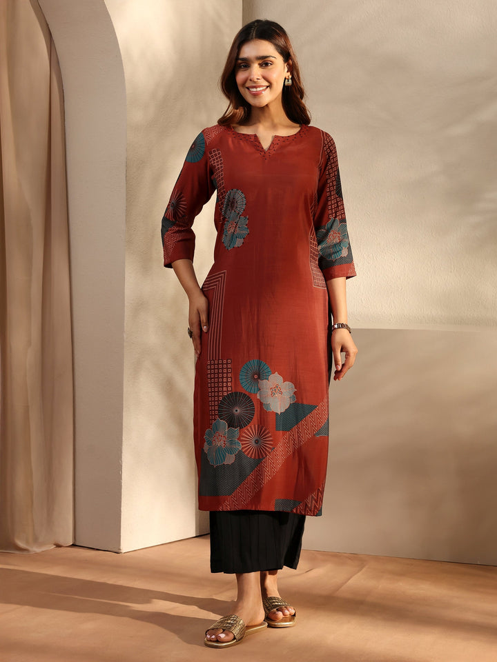 Rust Printed Silk Blend Straight Kurta