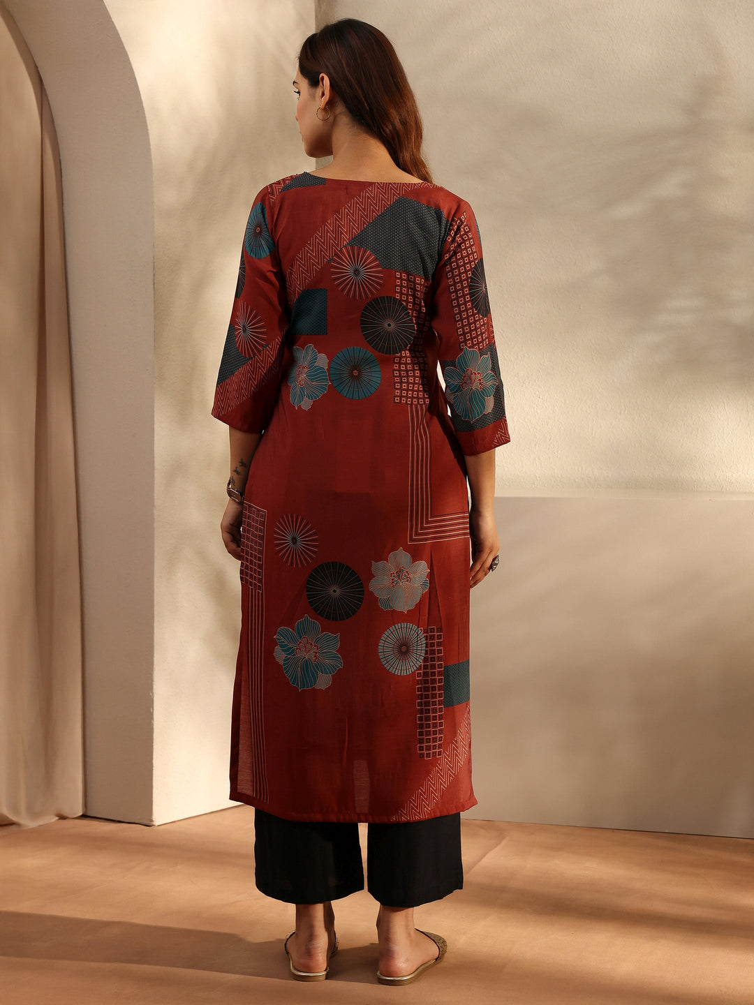 Rust Printed Silk Blend Straight Kurta