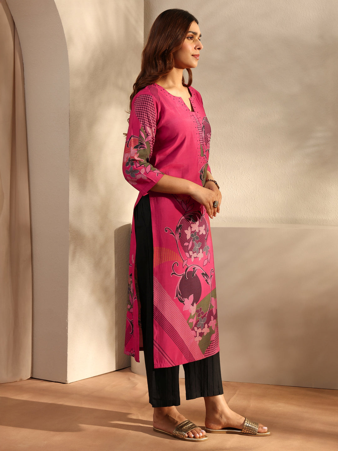 Pink Printed Silk Blend Straight Kurta