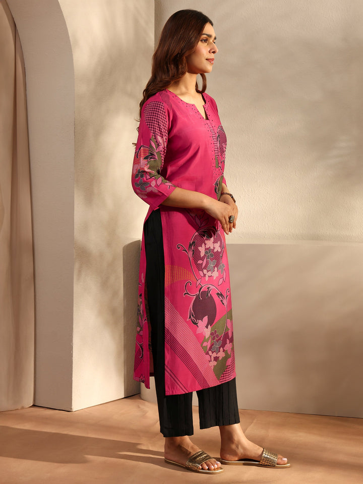 Pink Printed Silk Blend Straight Kurta