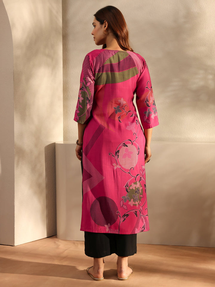 Pink Printed Silk Blend Straight Kurta