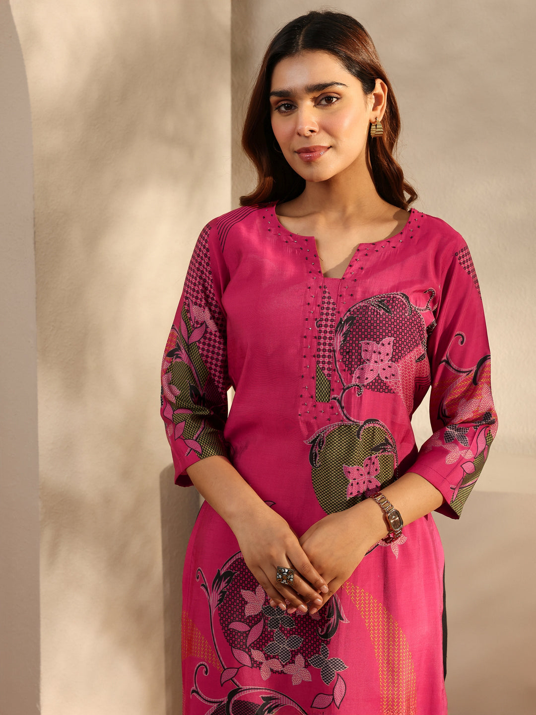 Pink Printed Silk Blend Straight Kurta