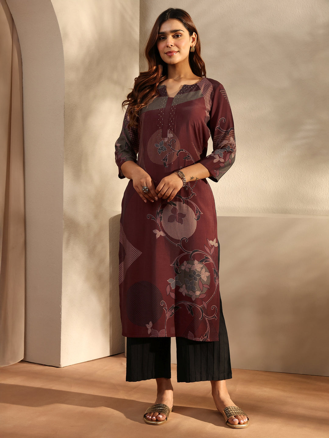 Brown Printed Silk Blend Straight Kurta