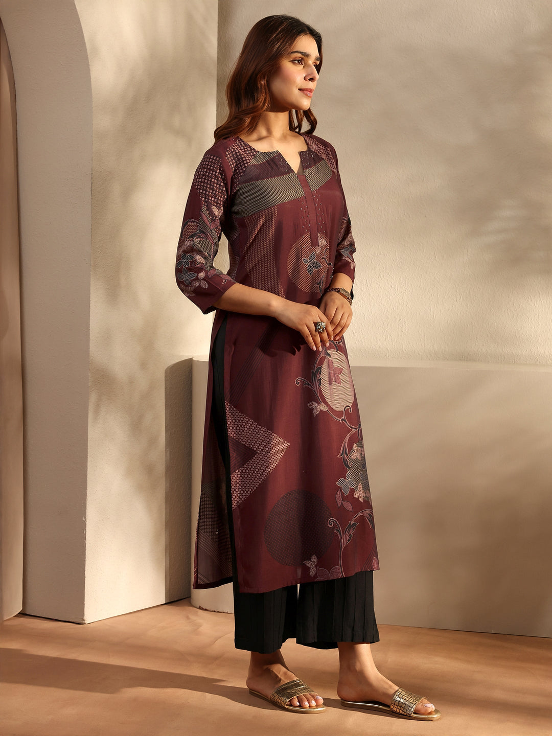 Brown Printed Silk Blend Straight Kurta