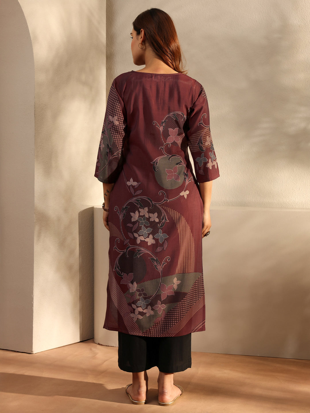 Brown Printed Silk Blend Straight Kurta