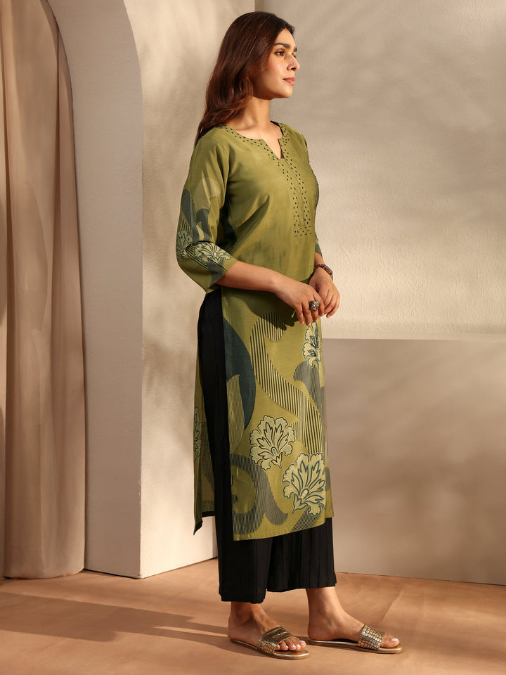 Green Printed Silk Blend Straight Kurta