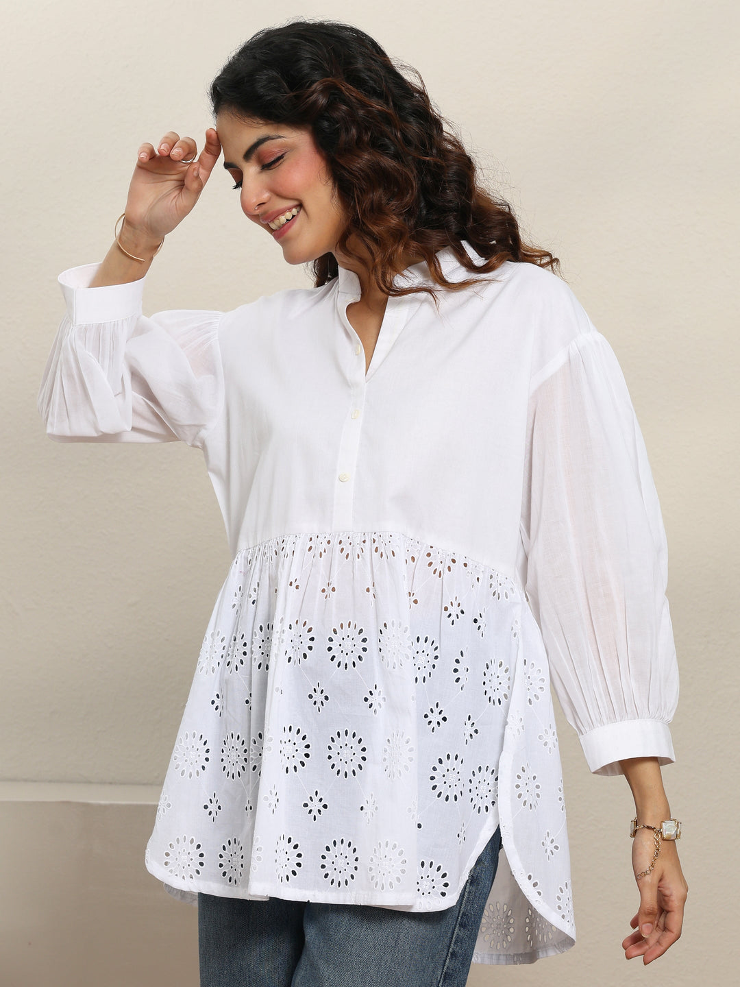 White Self Design Cotton Straight Short Kurti