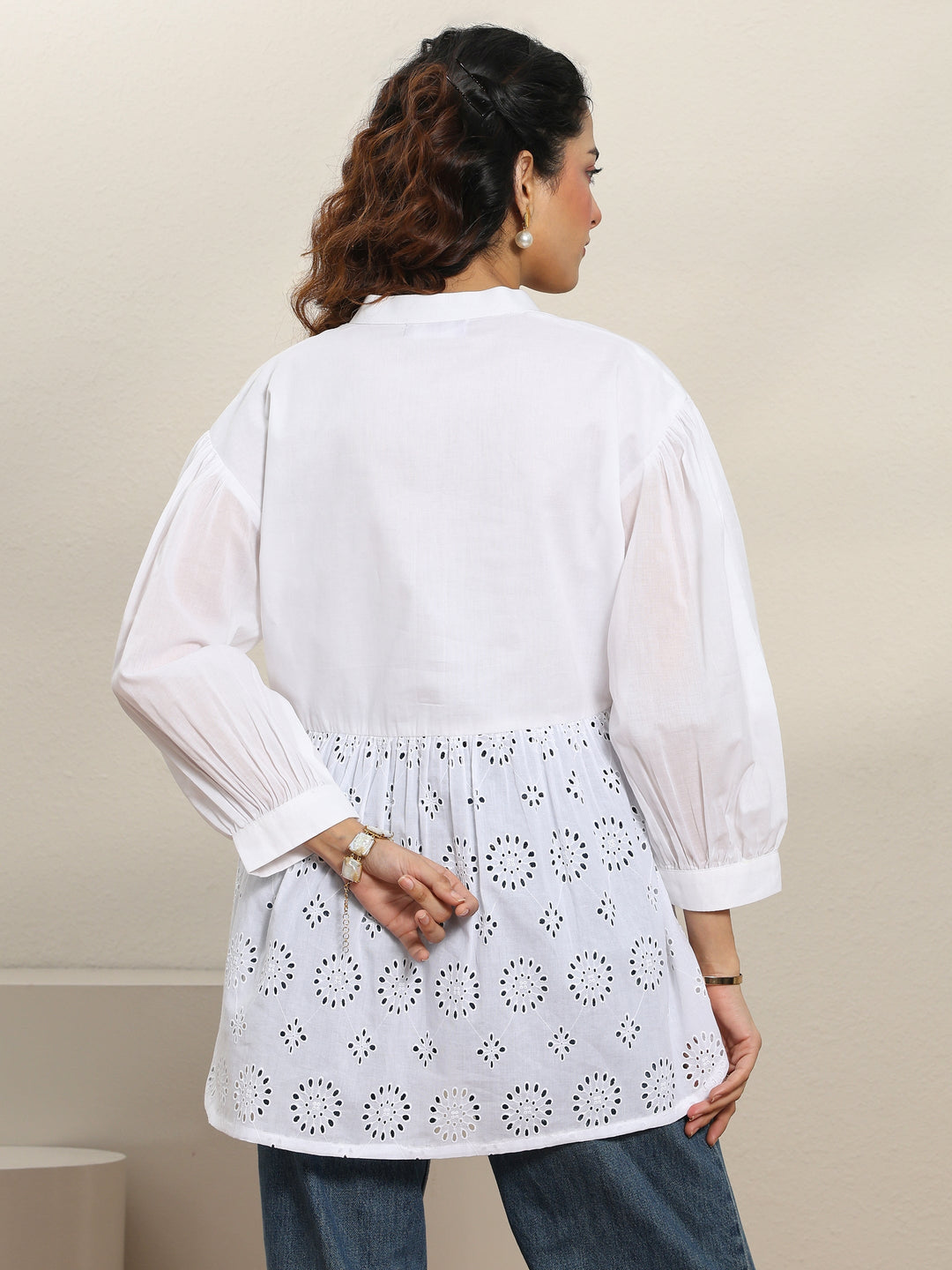 White Self Design Cotton Straight Short Kurti