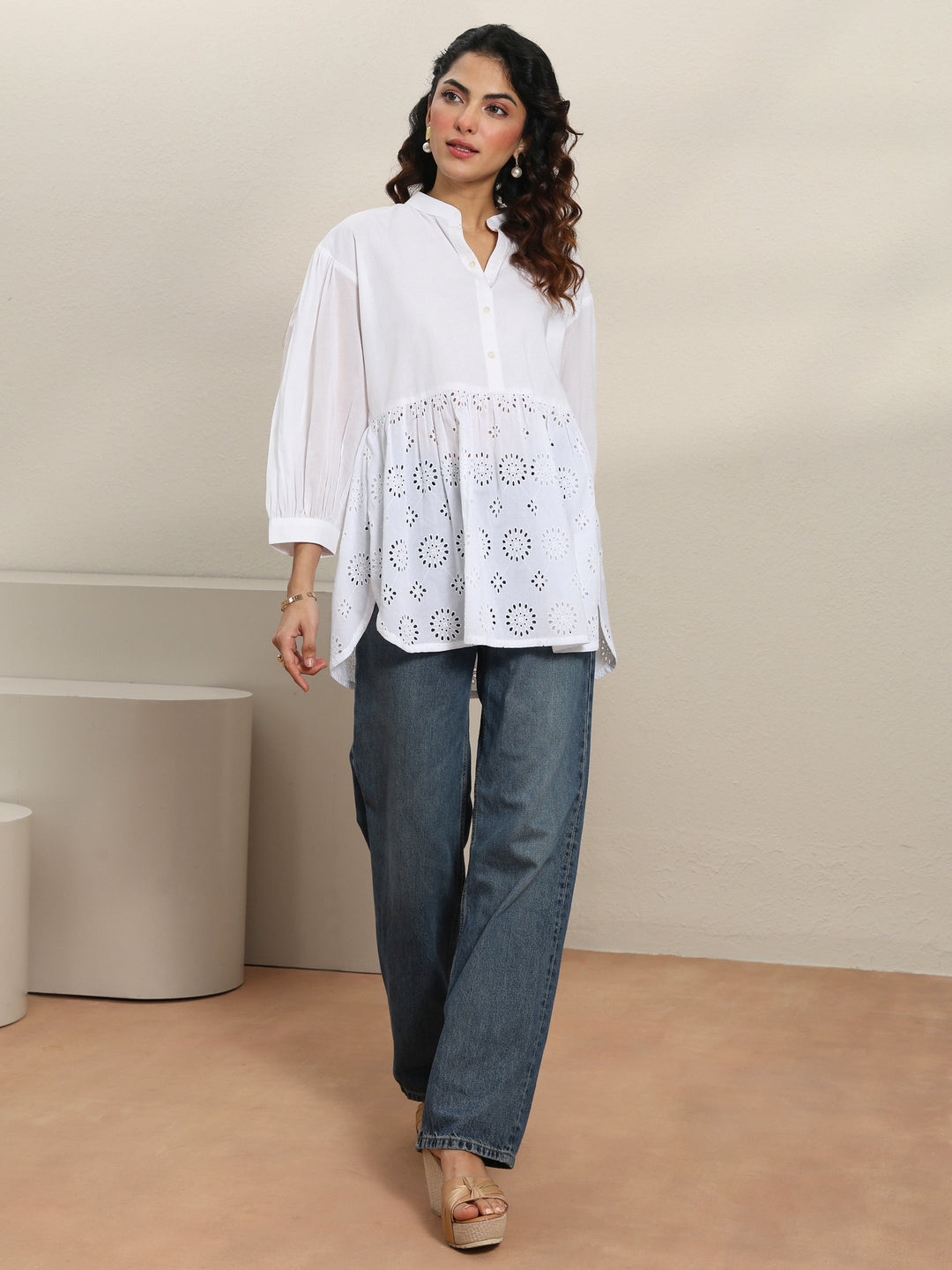 White Self Design Cotton Straight Short Kurti