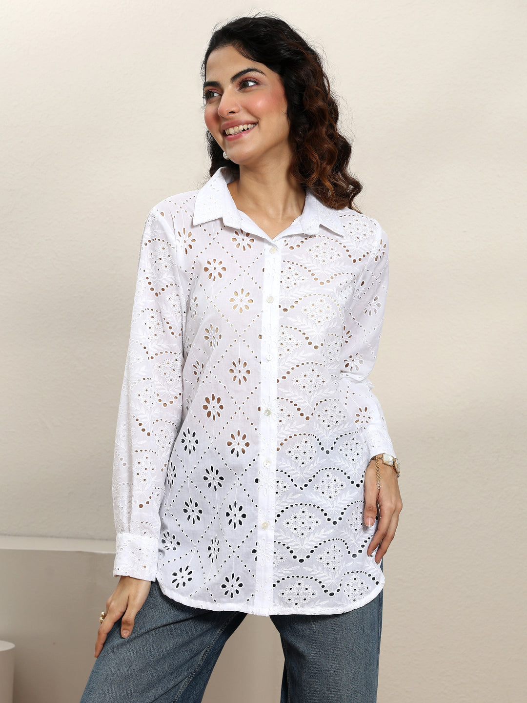 White Schiffli Design Panelled Shirt